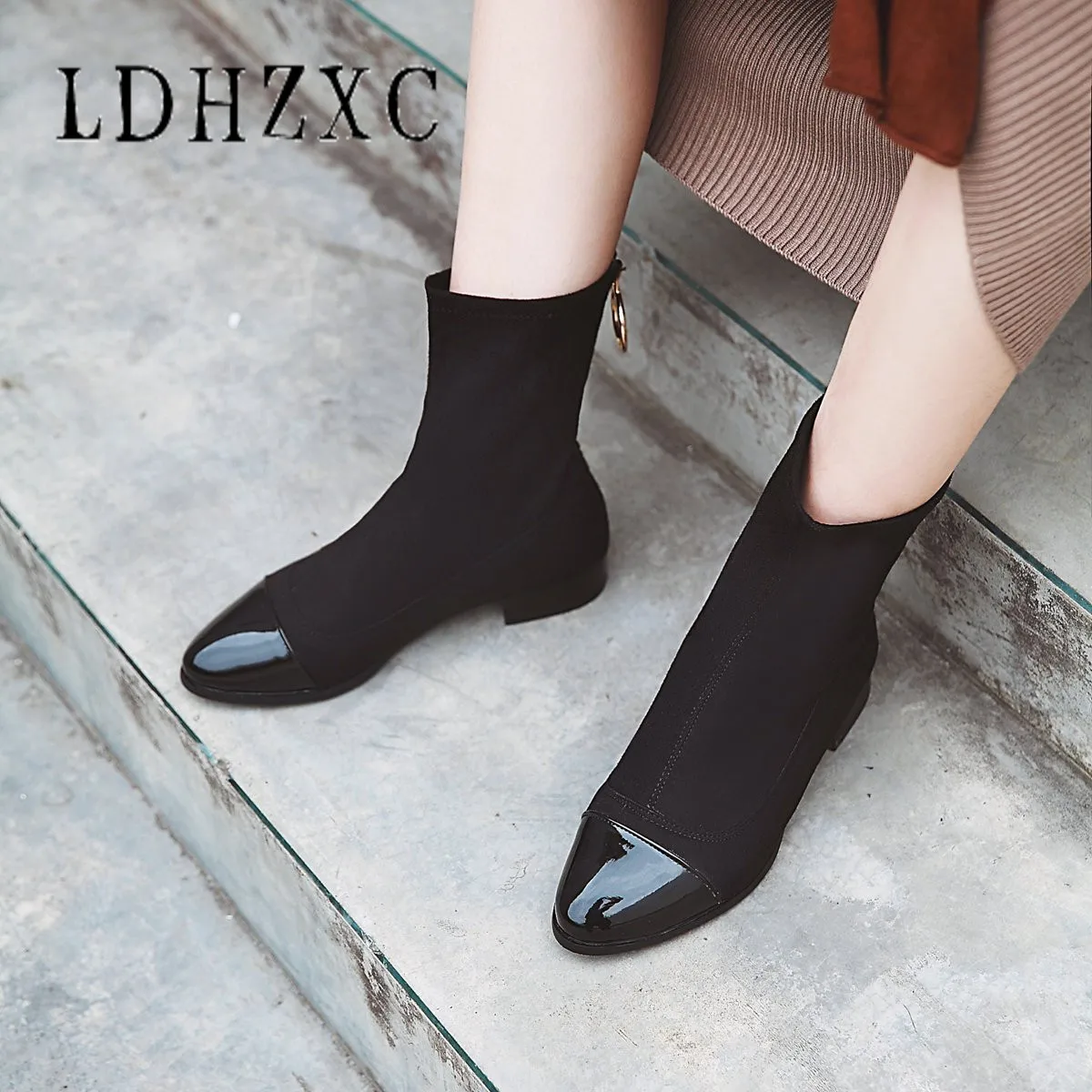 

LDHZXC 2019 Ankle Boots Square Low Heel Women Boots Sexy Ladies Stretch Fabric Fashion Women Boots Shoes Size 47 48