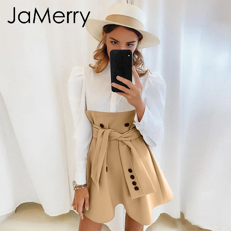 JaMerry, винтажная Лоскутная блуза рубашка, платье, женское, элегантное, с высокой талией, на пуговицах, с поясом, для офиса, для девушек, платье с пышными рукавами, осенние платья