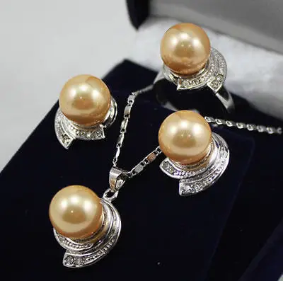 

Wedding Jewelry 10mm &14mm Coffee Necklace Earrings Ring SetAAA 18K GP Plated gold Bridal wide watch wings queen JEWE