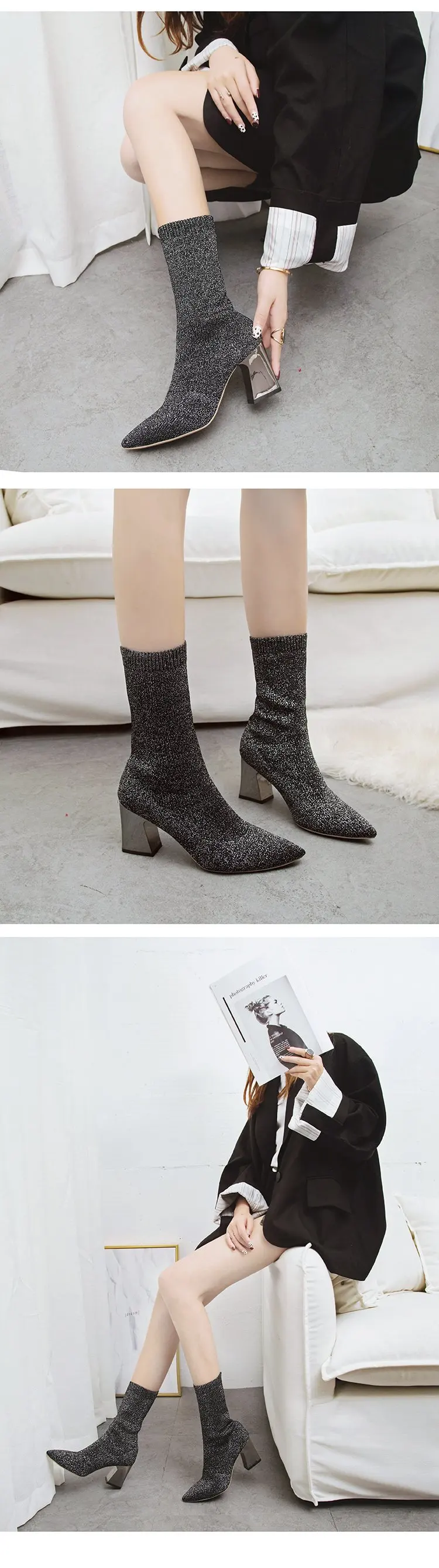 Европейские и американские вельветовые вязаные ботинки г. Новые женские зимние ботинки на высоком каблуке ботинки с толстыми носками MS