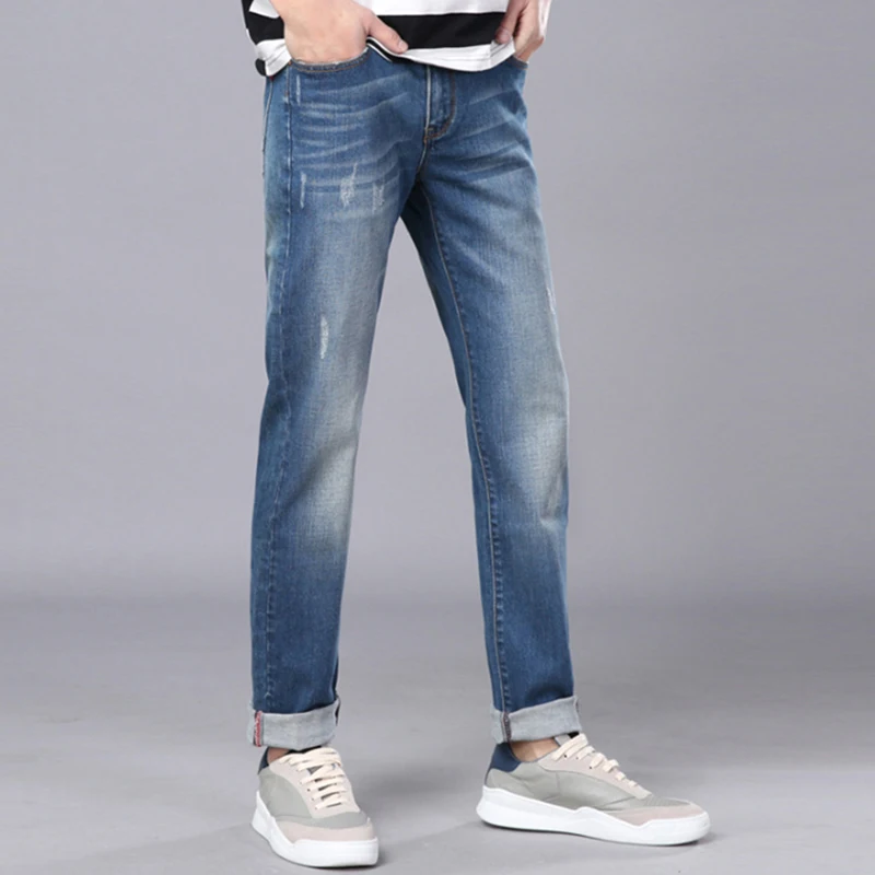 2019 New Men Jeans High Quality soft men jeans Men's Cotton-blend Slight Stretch Whiskers Wash Effect Slim Fit Jeans