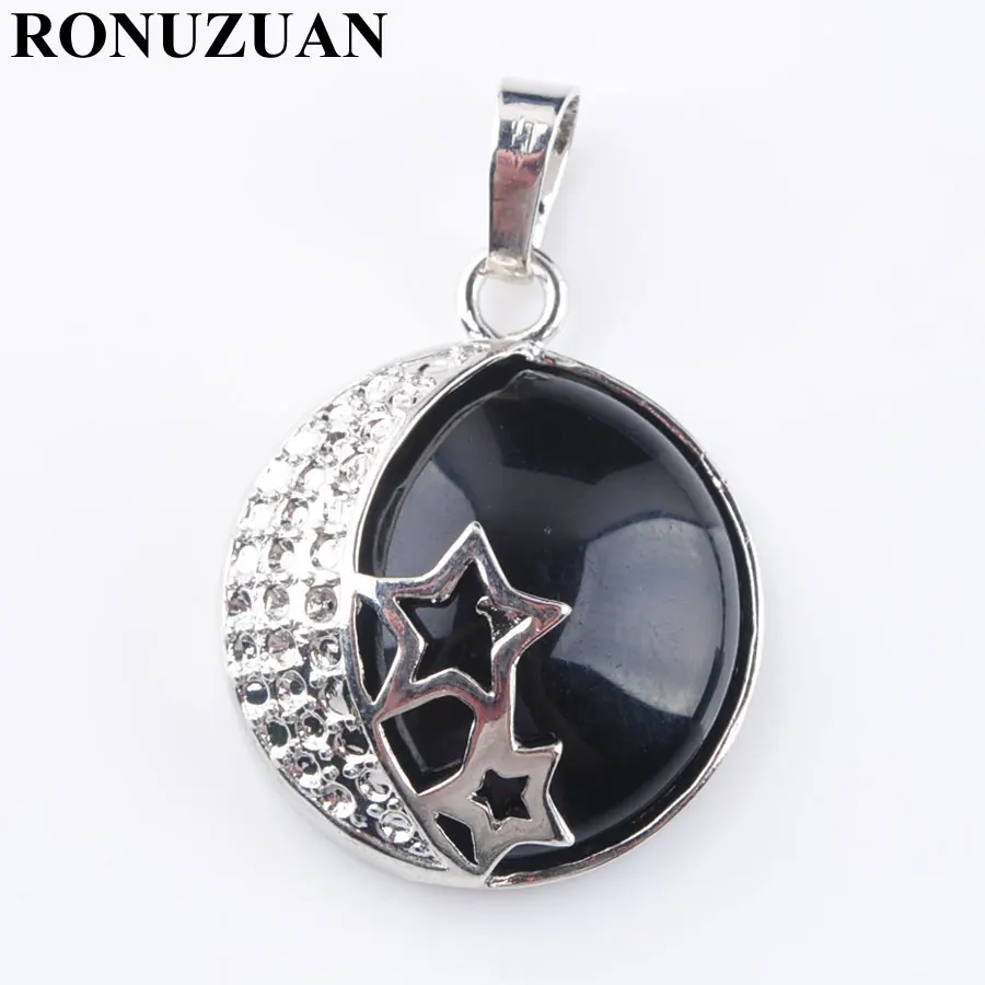 

RONGZUAN Natural Black Agates gem Stone Crescent Love Moon Stars Back Hollow Design Pendant Silver Chain Necklace Jewelry TN3586