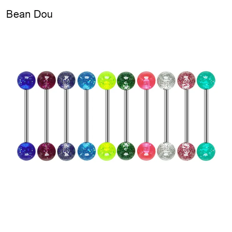 10Pcs Mix Colors Tongue Rings Barbell Piercing Tongue Bar Colorful Candy Color Glitter 1.4mm Body Piercing Jewelry Anti-allergic0