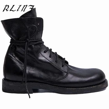 

RLINF 2018 Locomotive Booties Retro Martin Female British Wind Leather Plus Velvet Boots Flat Short