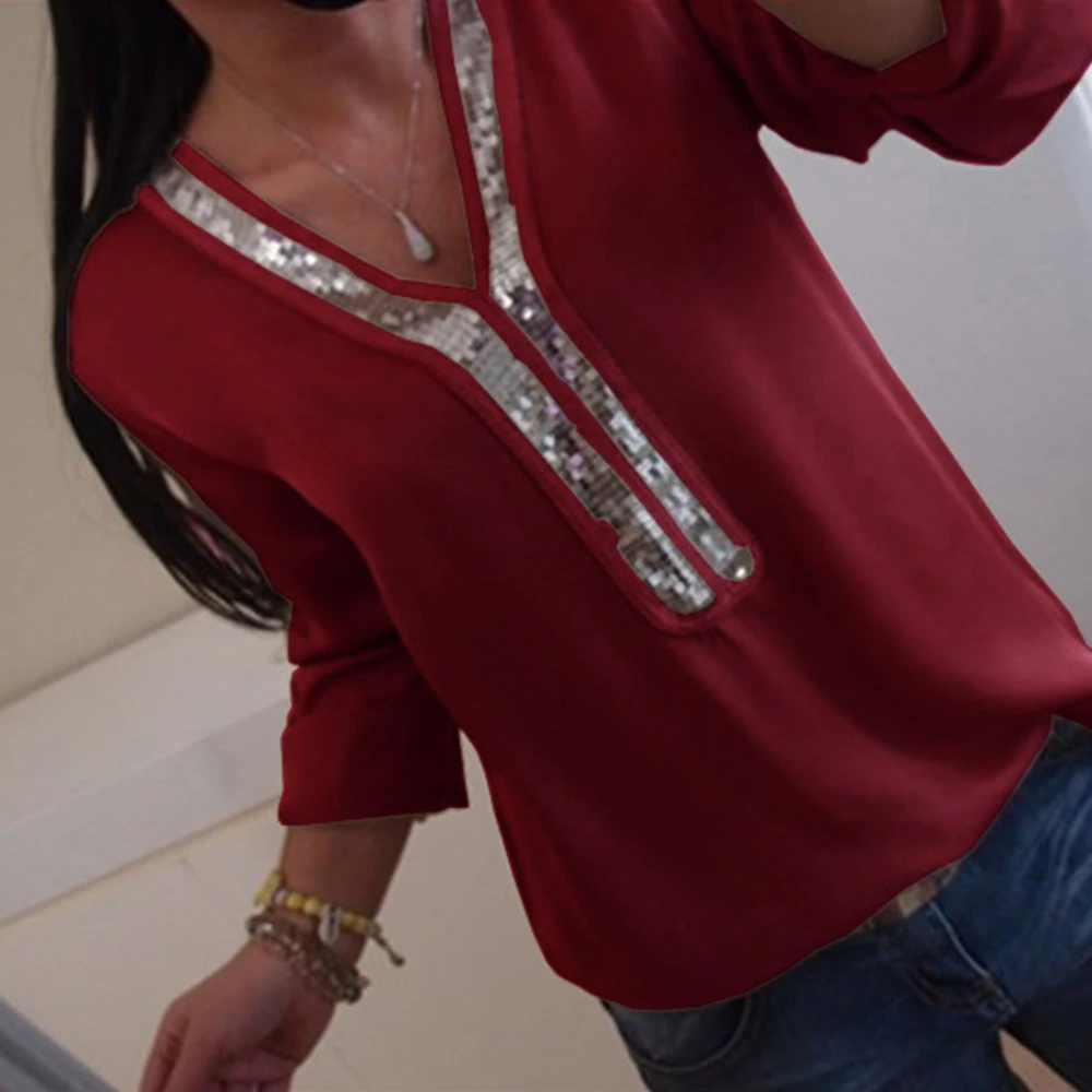 

Solid Sequin Female Tunic Loose Long Sleeve Casual Womens Tops And Blouses V Neck Chiffon Ladies Tops Shirt Plus Size S-5XL