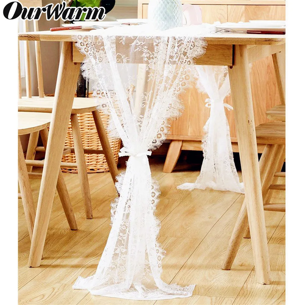 OurWarm White Floral Lace Table Runner Rose Table Cloth Chair Sash Dinner Banquet Baptism Wedding Party Table Decoration 300cm
