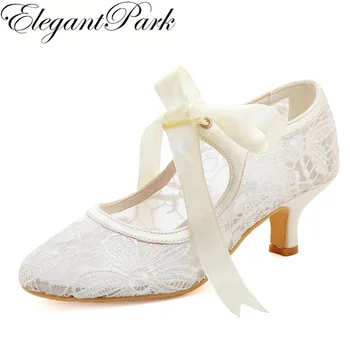 

Women Wedding Shoes Lace Ivory Close Toe Mary Jane Mid Heel Lace-up Bride Lady Prom Party Bridal Pumps Comfortable HC1702