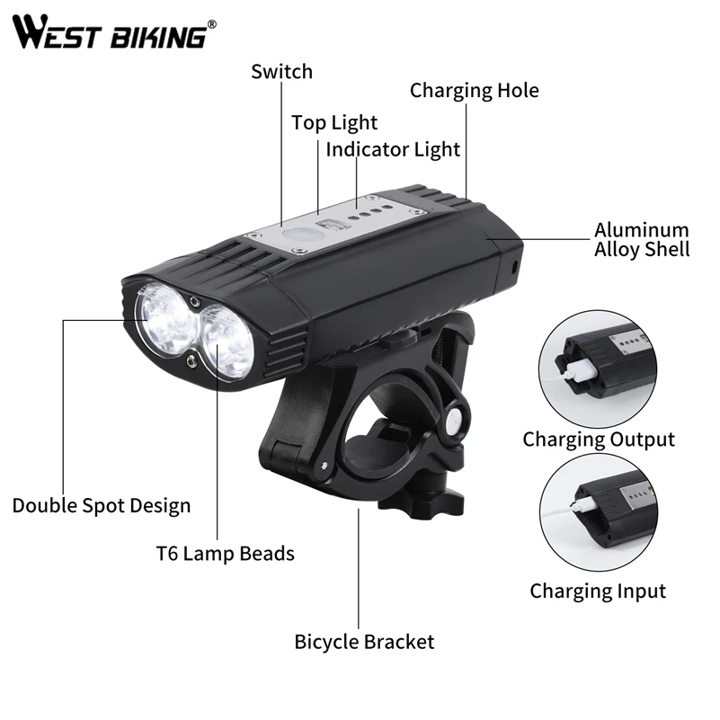 Top WEST BIKING Bike Light 4000mAh Battery USB Rechargeable Cycling Headlight Dual T6 LED Flashlight Lamp Waterproof Bicycle Lights 5