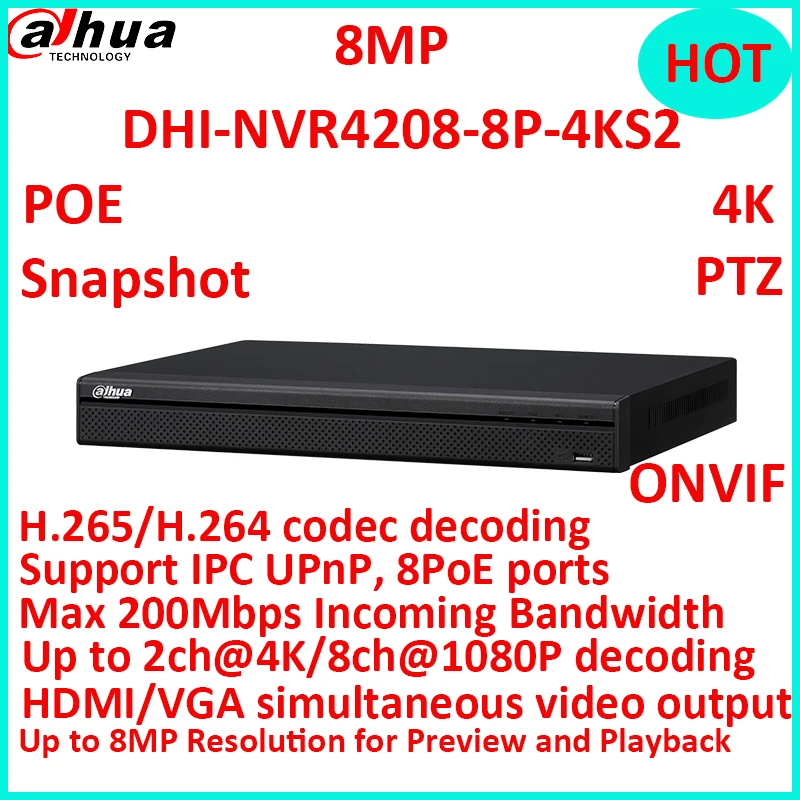 dahua NVR 4K network recorder DHI NVR4208 8P 4KS2 8POE ports Motion