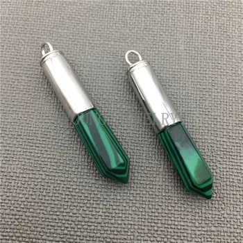 

MY0277 Malachite Spike Point Pendant with Large Pure Silver Color Cap and Bail,Chakra Healing Stone Pillar Pendant