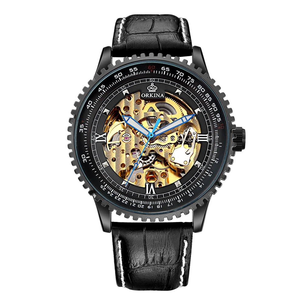

Black Skeleton Hollow Series Men's Mechanical Watches Automatic Self-Wind Leather wrist watch Orkina Lxury Brand reloj hombre