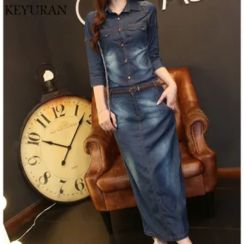 

2019 New Female Vestido Single Breasted Rivet Women Package hip Denim Long Dresses three quarter sleeve Cowboy Dress With Belt