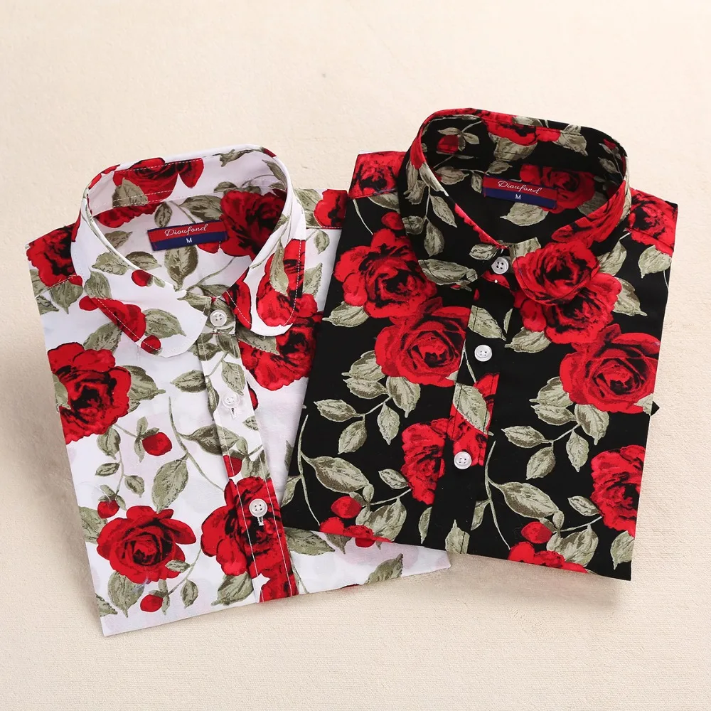 Dioufond Brand Floral Blouses Cotton Shirts Women Vintage Turn Down Collar Tops Blusas Ladies Clothing Female Long Sleeve Blouse