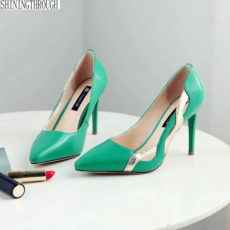 

2018 Women Pumps OL Fashion Spell Color High heels Single Shoes Female Spring Summer cow leather Wedding Party shoes Woman