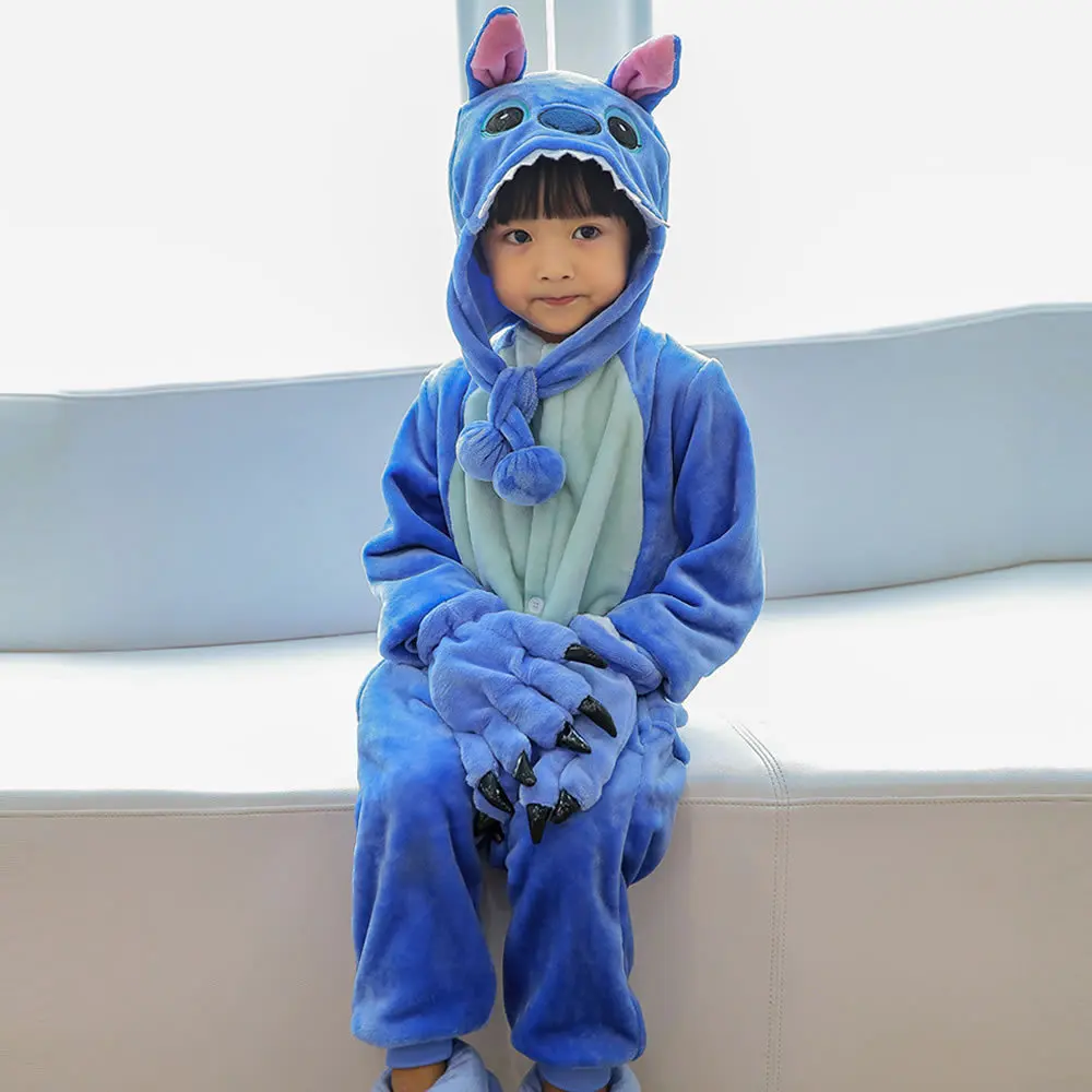 Зимние Детские пижамы для мальчиков и девочек; детский пижамный комплект; Пижама с рисунками животных; одежда для сна с капюшоном; цвет РОЗОВЫЙ, единорог, Ститч, панда - Цвет: stitch bule