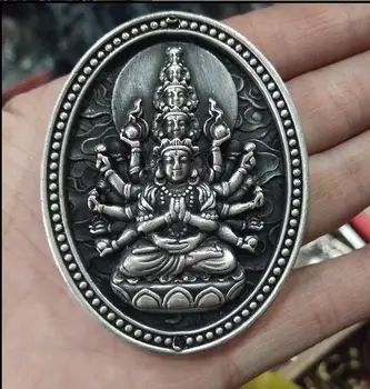 

Unique Chinese white copper Handwork carved Thousand-Hand Kwan-yin pendant