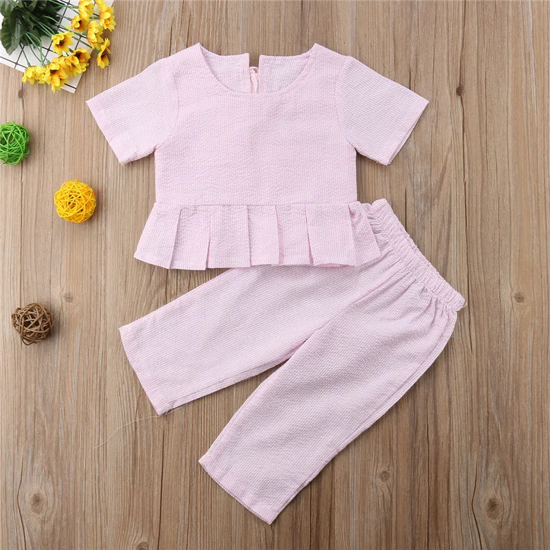 

Short Sleeve Summer Striped Bowknot Round Neck T-shirt Tops Pants Girl Clothing Outfit 2PCs Toddler Kids Baby Girls Clothes Set