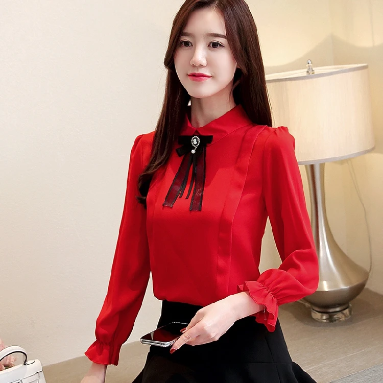 Модные весенние женские блузки с длинным рукавом Женские рубашки шифоновая блуза рубашка плюс женские размер топы и блузки Blusas 1747 50 - Цвет: Красный