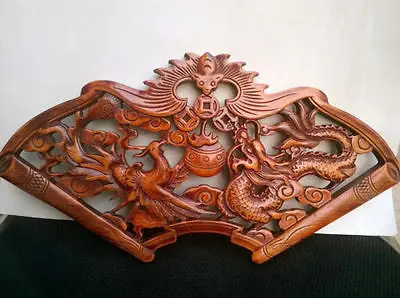 ART!CHINESE HAND CARVED DRAGON PHOENIX STATUE CAMPHOR WOOD PLATE WALL SCULPTURE