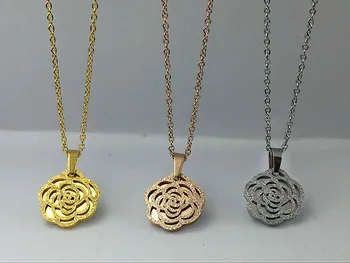 

Famous Stainless Steel Love Hollow Frosted Camellia Flower Pendant Necklace Rose Gold Color Women Girl Party Gift