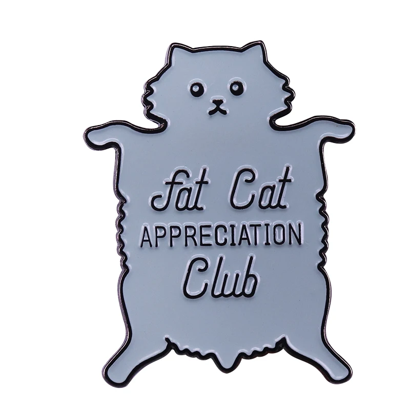 

Fuzzy grey fat cat appreciation club enamel pin lays on tile floor when hot funny badge cute cat lover gift