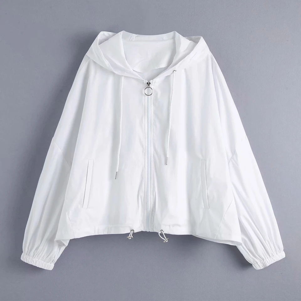 

2019 Spring Summer Loose Women Jackets Coat Hooded Back Print Long Sleeve Female Fashion Sweet White Drawstring Jacket Outerwear