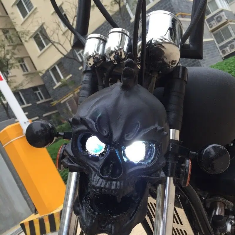 Черная светодиодная передняя фара с черепом для Harley Honda Yamaha Suzuki Chopper мотоцикла| |
