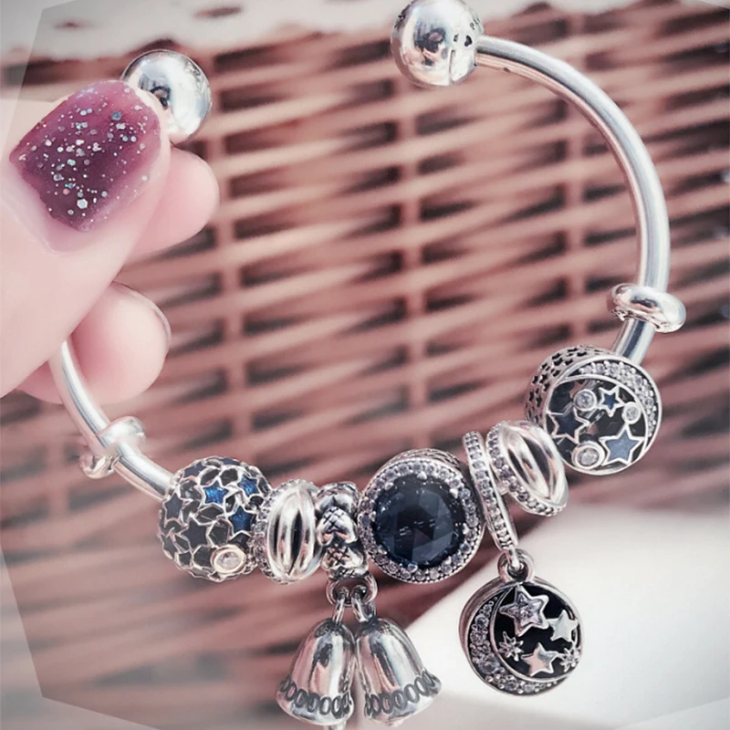 

NEW 100% 925 Sterling Silver Winter Christmas Bracelet Set Star Moon Wind Chimes Ocean Heart Charm Women Original Jewelry