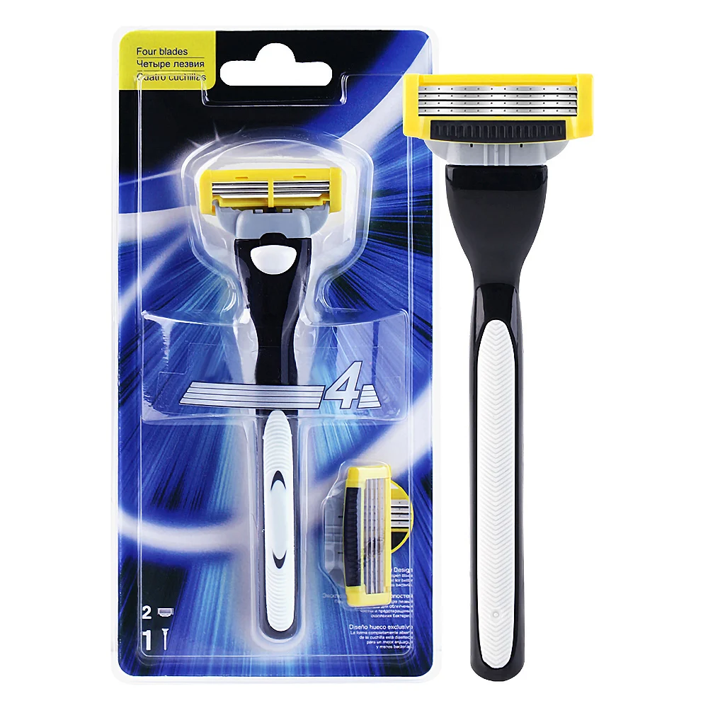 

New 1 Set Men Razor 4-layer Blade 1 Handle 2 Shaving Heads Sharp Safe and Comfortable Razor Shaving Blade Yellow