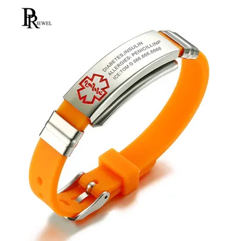 

Custom Engrave Bracelet Medical Alert Tag Stainless Steel ID Hard Chain Orange Silicone Emergency Remind Gift