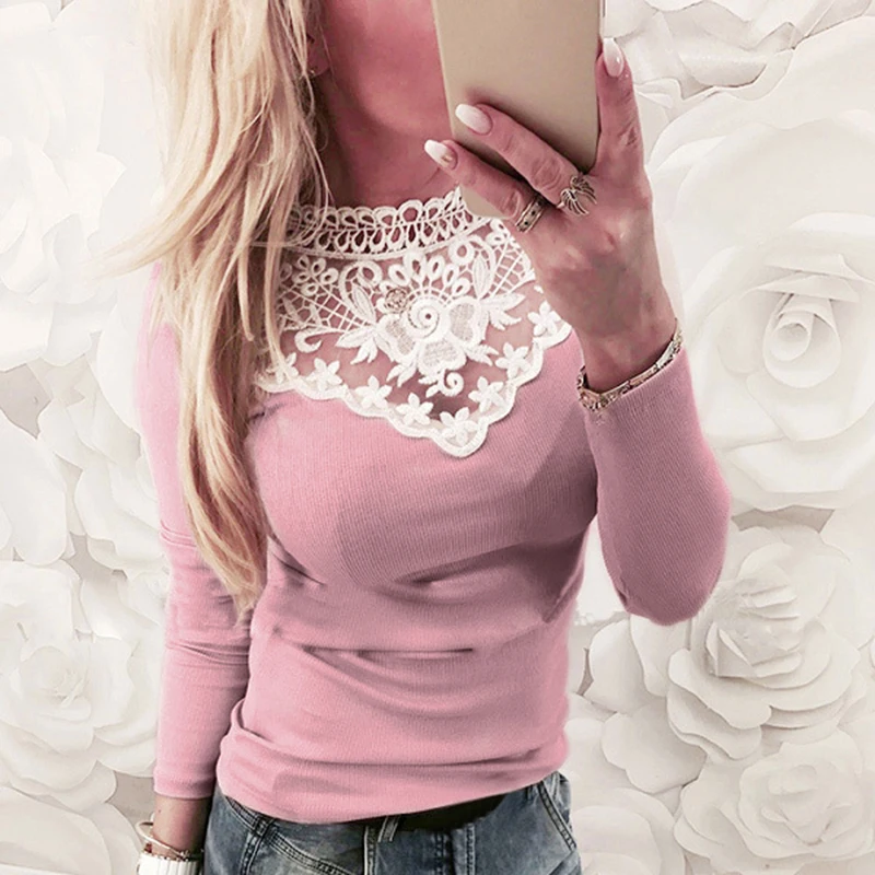Women Long Sleeve Lace Patchwork T-shirt 2018 Spring Autumn Female Sexy Tshirt Tops Gray Pink Crew Neck Elegant Slim Tee Shirt