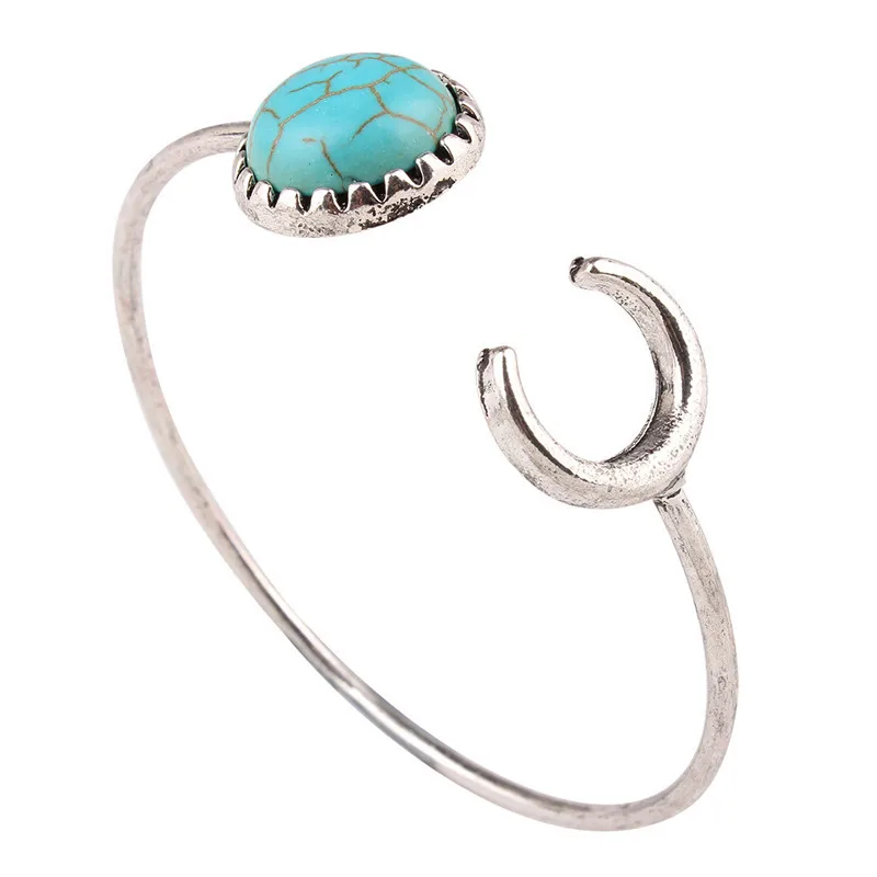 

SHUANGR New Bohemain Natural Blue Stone Sun and Moon Open Cuff Bangles For Women Simple Design Jewelry Pulseiras Feminina Gift