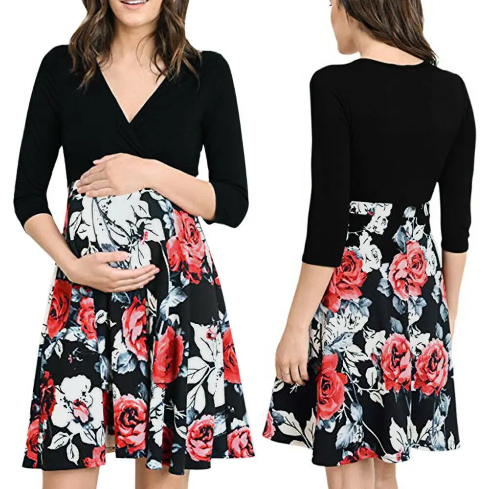 

2019 Pregnant Women Mini Dress Spring Floral Long Sleeve V Neck High Waist Maternity Dress Nursing Breastfeeding Dresses S-2XL