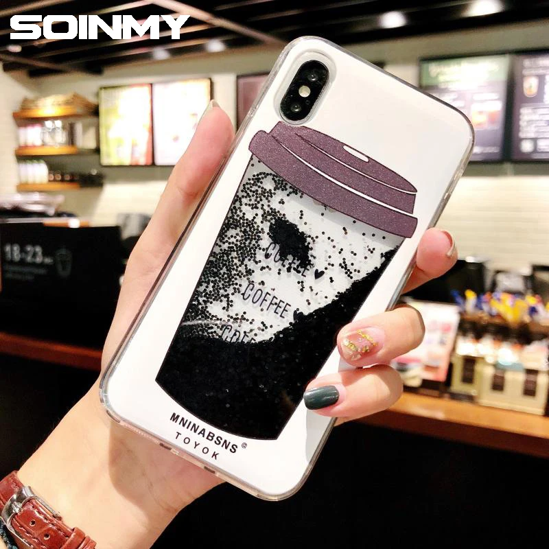 

Black Coffee Glitter Liquid Case for iphone 6s case Dynamic quicksand Drink Bottle transparent cover for iphone 6 6s case coque