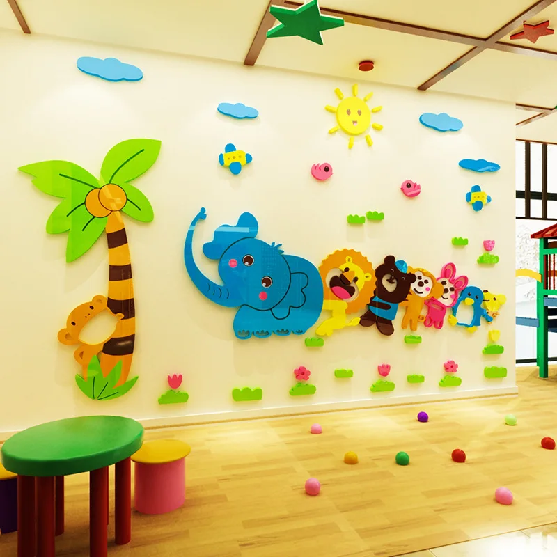 Креативные милые Мультяшные Животные Детская комната спальня гостиная ТВ фон зеркало кирпичная стена 3D акриловая Настенная Наклейка