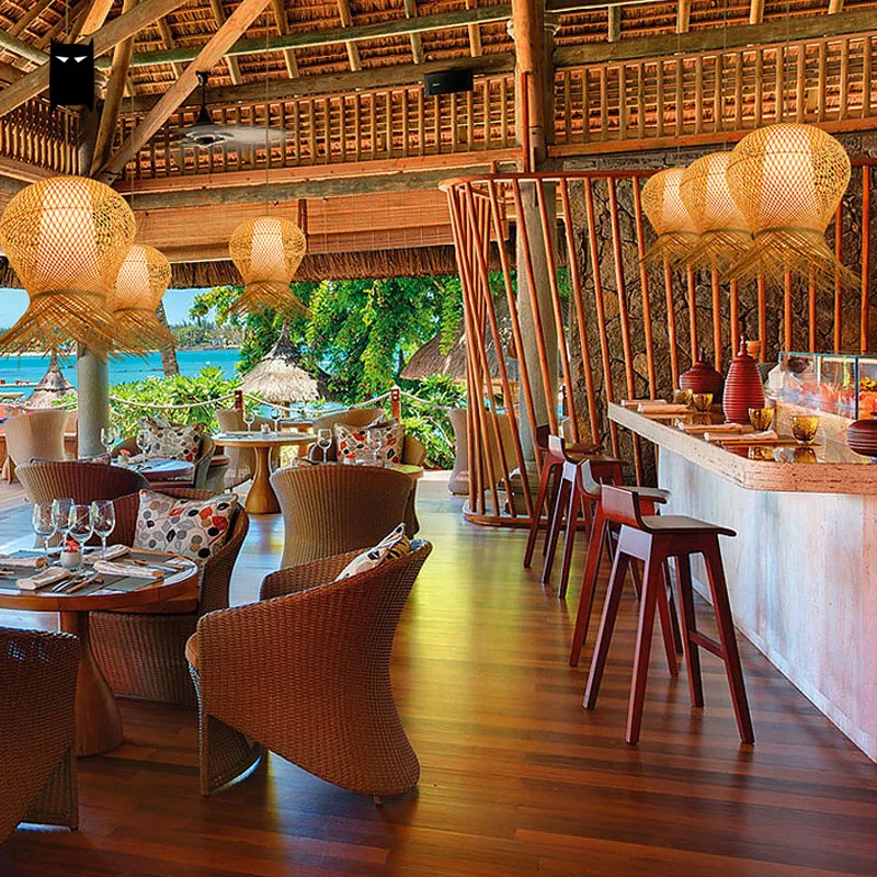 الخوص الروطان والخيزران آسيا ريفي اليابانية شنقا مصباح قلادة الإضاءة بريقا luminaria المنزل داخلي غرفة الطعام