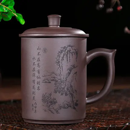 

Hot sale Yixing Large Capacity Purple Clay Tea Cup With Cover 400ml Office Pure hand-kung fu Purple Teacup Free Shipping