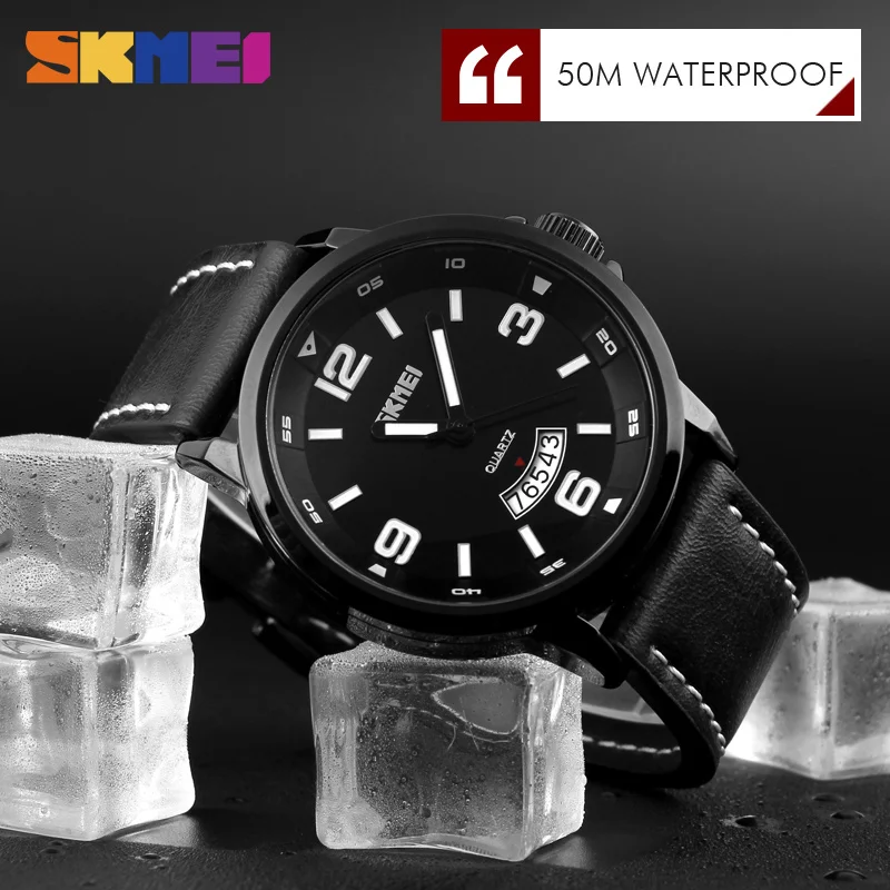 SKMEI 2019 Top Reloj Men Quartz Watch Large Dial Military Leather Band Sport Watches Wristwatches C