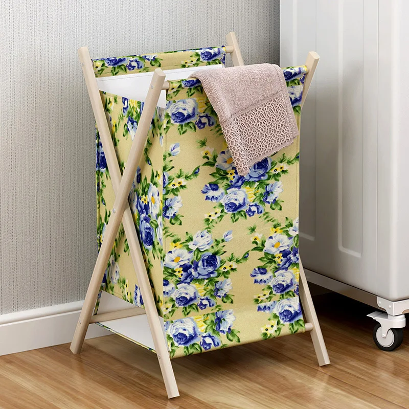 

Wooden X Frame Foldable Laundry Basket Thick Cotton Linen Baby Toys Dirty Clothes Basket Portable High Capacity Laundry Hampers