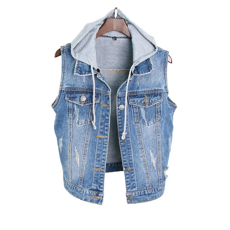 

2019 Spring and Summer Women Large Size Coat Vest Sleeveless Slim Feminino Denim Vest Women Hooded Clothes