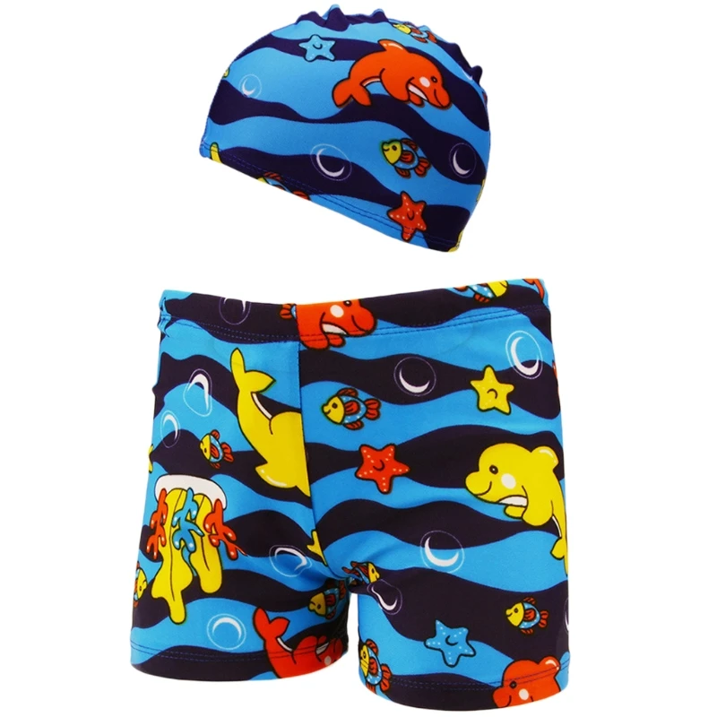 Детский Эластичный пляжный купальник из 2 предметов для маленьких мальчиков, купальные плавки, шорты, шапка, Новинка