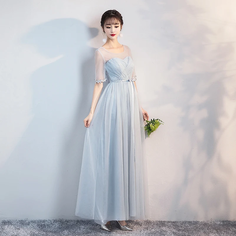 

O-Neck Blue Grey Dress Wedding Guest Dress Bridesmaid Dresses Short Sleeves Empire Back of Bandage