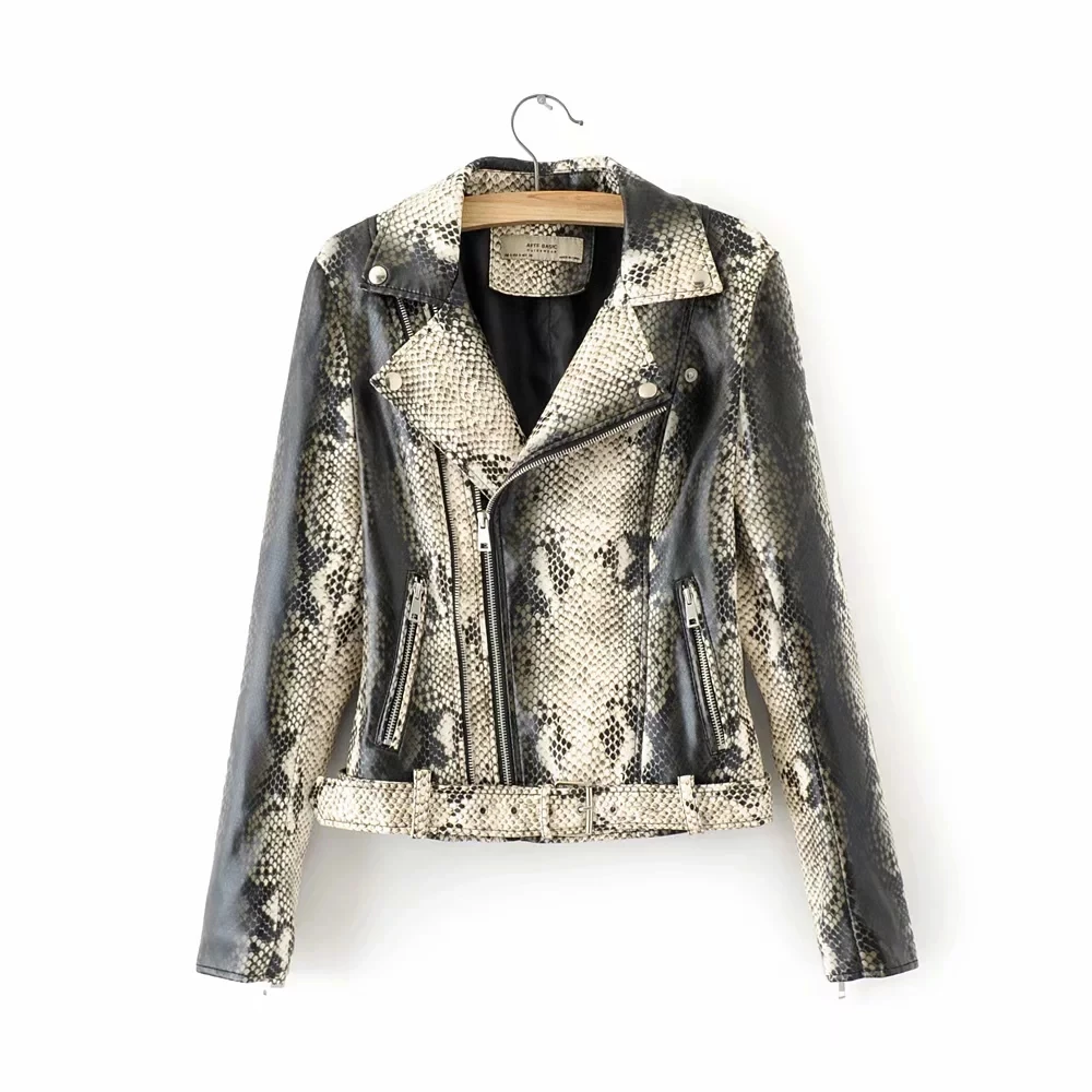 

Klacwaya women vintage snake skin PU Leather jackets for office ladies black bomb coats feminine slim girls vintage outfit chic