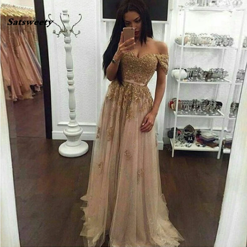Gold Off The Shoulder Prom Dress 