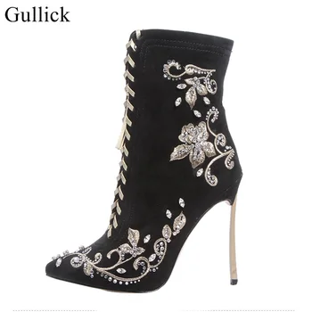 Winter Botas Mujer Crystal Studs Embroidered Floral Booties Metal Blade Heels Mid-calf Boots Women Pointed Toe Black Suede Boot
Winter Botas Mujer Crystal Studs Embroidered Floral Booties Metal Blade Heels Mid-calf Boots Women Pointed Toe Black Suede Boot