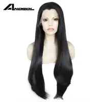 Anogol สีดำยาวตรง Full Wigs เส้นใยอุณหภูมิสูงบราซิลลูกไม้ด้านหน้าวิกผมผู้หญิง Widow Peak