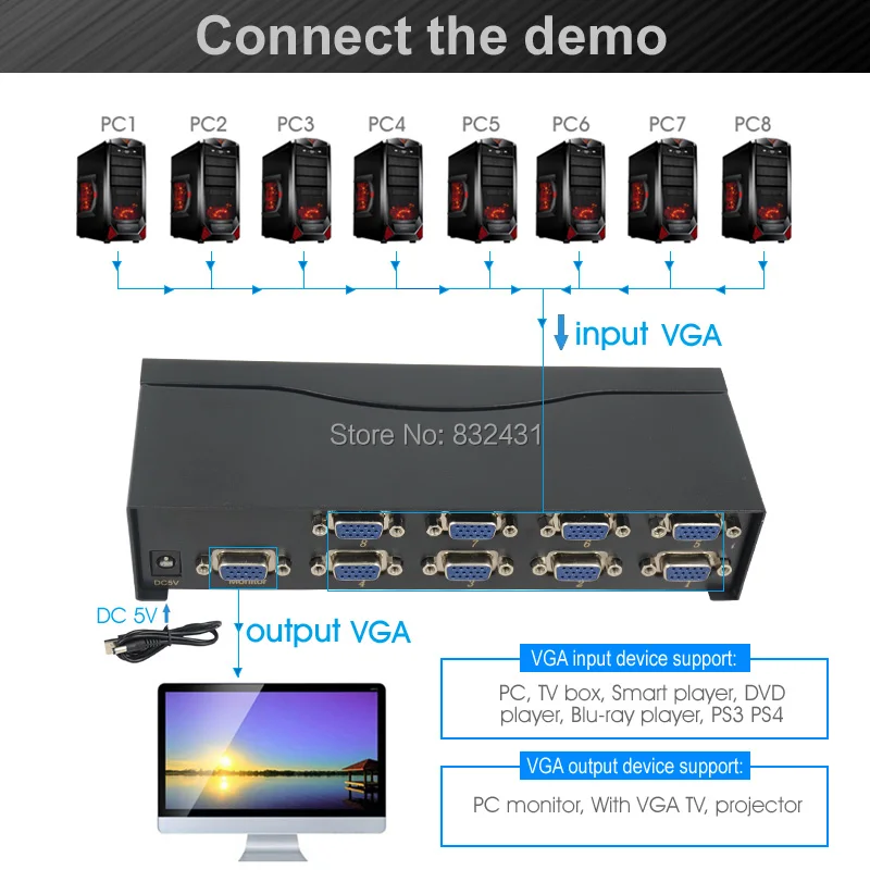 8 Port 8 Input 1 Output VGA Switch 2