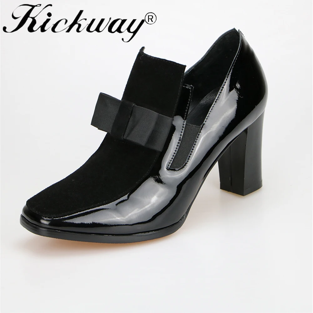 Kickway/Новинка года; настоящая фотография; туфли-лодочки на высоком каблуке; обувь из натуральной кожи с квадратным носком; Женская пикантная обувь черного цвета; chaussure femme; размеры 34-44