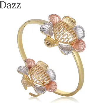 

Dazz New Arrival Gorgeous Three Tone Colors Flower Shape Bangle Ring Jewelry Sets For Women Girl Banquet Copper Zircon Ornaments