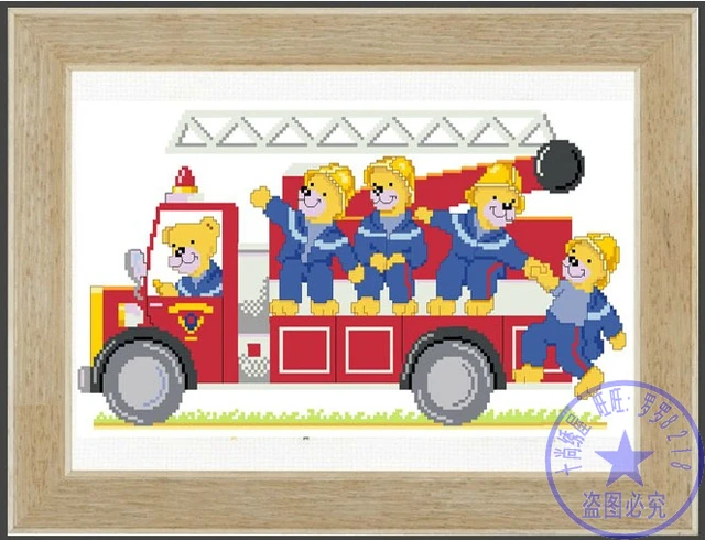 Counted Cross Stitch Kit Faire-part Pompiers Birth Record Certificate Baby Teddy Bear Bears Fireman Fire Engine Bus 1
